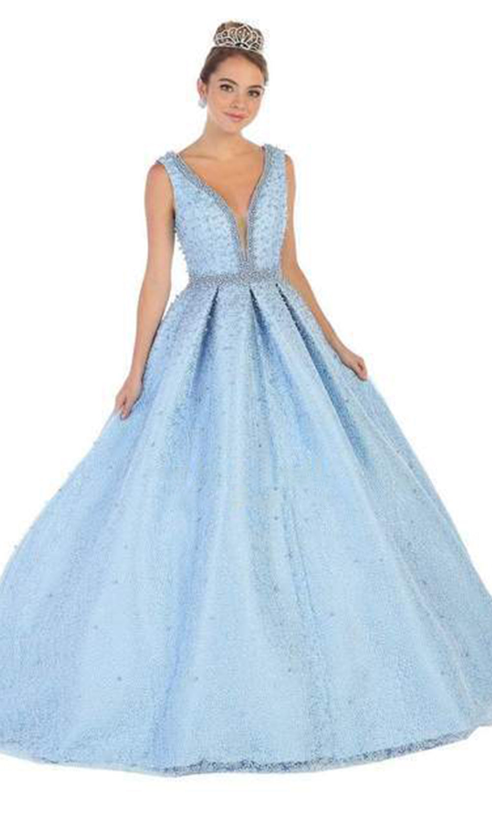 May Queen - Bead-Strewn Plunging Bodice Ballgown In Blue
