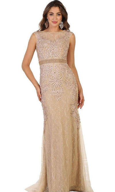 May Queen - Beaded Illusion Bateau Sheath Evening Gown RQ7524 - 1 Pc Mauve in Size 10 and 1 Pc Black in Size 14 Available CCSALE 10 / Champagne