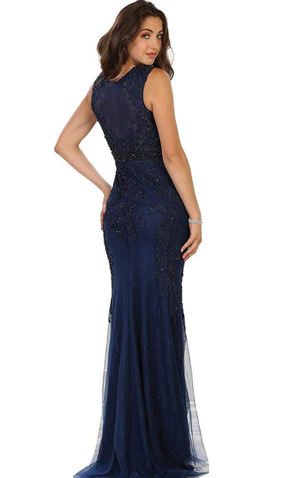 May Queen - Beaded Illusion Bateau Sheath Evening Gown RQ7524 - 1 Pc Mauve in Size 10 and 1 Pc Black in Size 14 Available CCSALE 14 / Navy