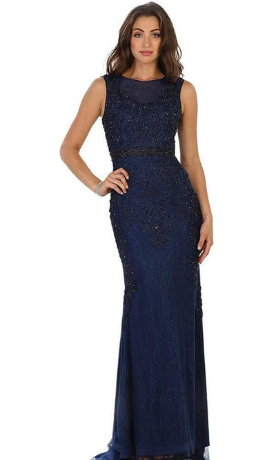 May Queen - Beaded Illusion Bateau Sheath Evening Gown RQ7524 - 2 pcs Navy in sizes 8 and 10 Available CCSALE 14 / Navy