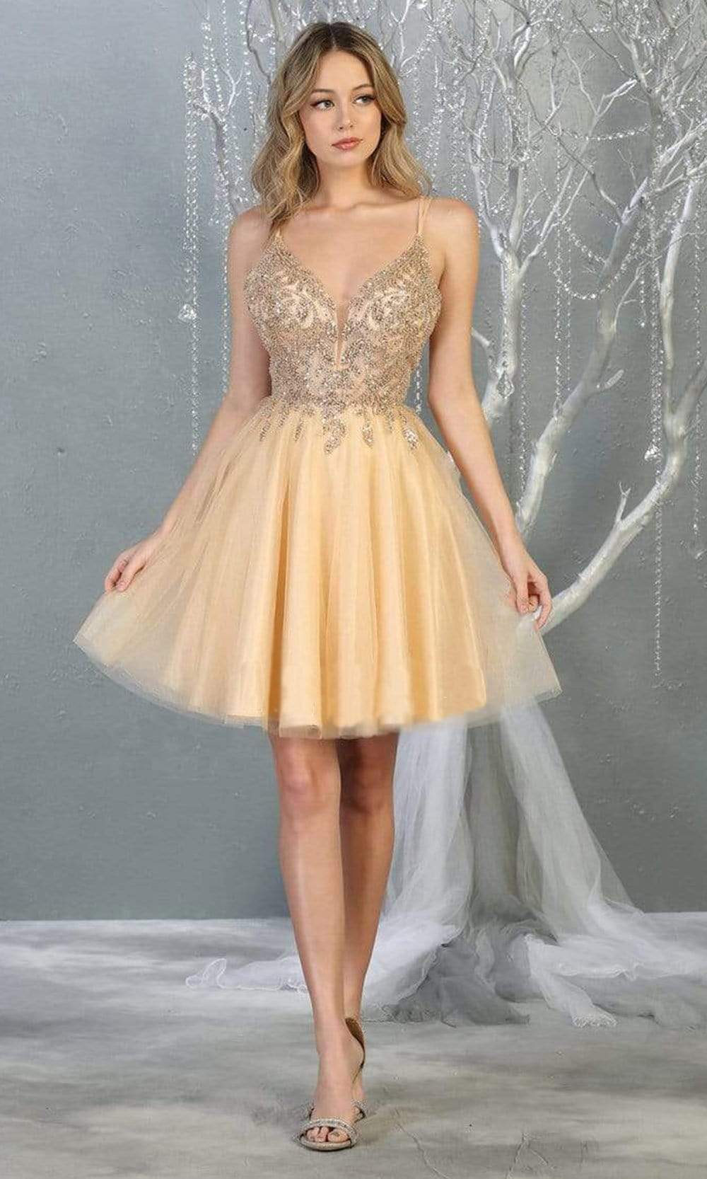 May Queen - MQ1813SC Embellished Tulle Homecoming Dress In Gold