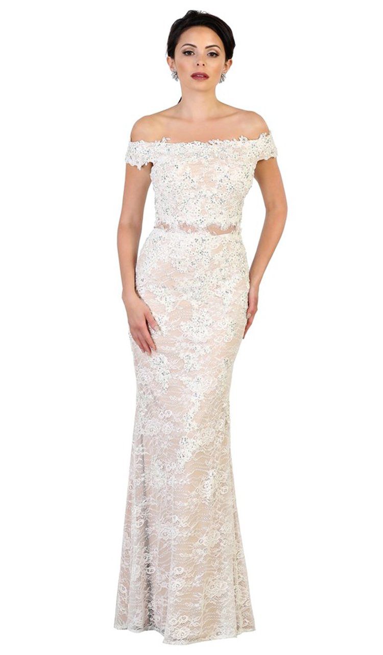 May Queen Beaded Lace Appliqued Off-Shoulder Gown RQ7497 - 1 pc Ivory/Nude In Size 16 Available CCSALE 16 / Ivory/Nude
