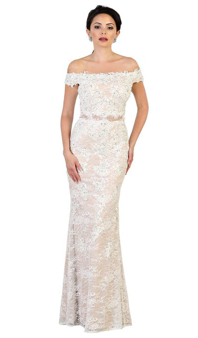 May Queen Beaded Lace Appliqued Off-Shoulder Gown RQ7497 - 1 pc Ivory/Nude In Size 16 Available CCSALE 16 / Ivory/Nude