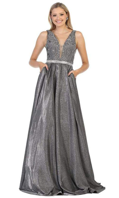 May Queen - Beaded Lace V-Neck Metallic Gown  In Gray