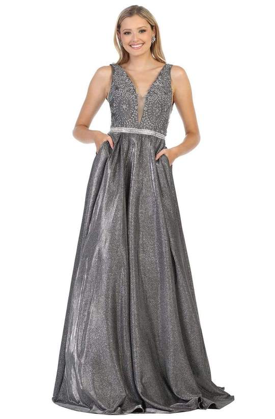 May Queen - Beaded Lace V-Neck Metallic Gown RQ7790
