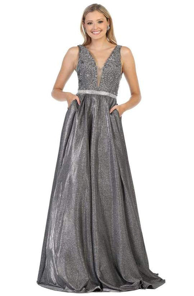 May Queen - Beaded Lace V-Neck Metallic Gown RQ7790
