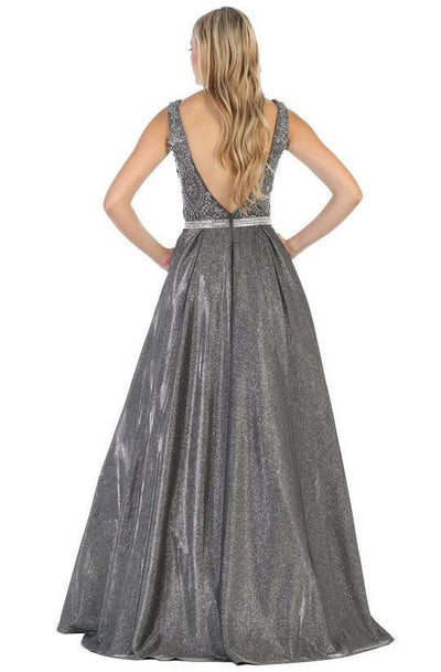 May Queen - Beaded Lace V-Neck Metallic Gown RQ7790