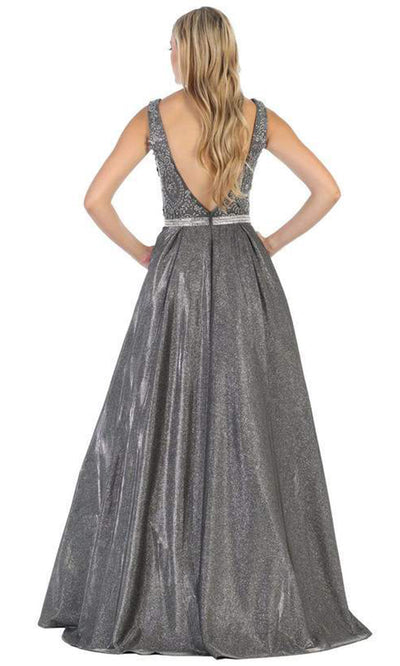 May Queen - Beaded Lace V-Neck Metallic Gown  In Gray