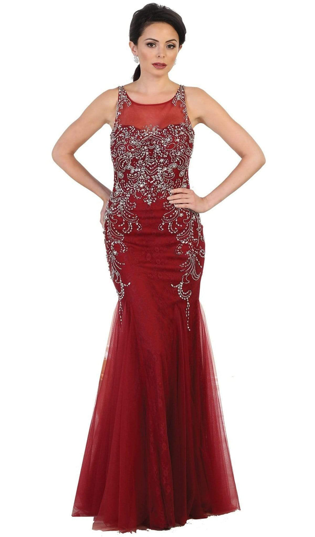 May Queen - Bedazzled Illusion Bateau Trumpet Prom Dress Special Occasion Dress 4 / Burgundy
