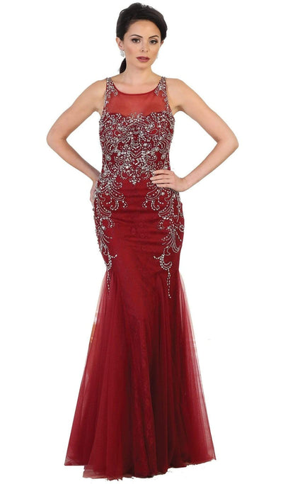 May Queen - Bedazzled Illusion Bateau Trumpet Prom Dress Special Occasion Dress 4 / Burgundy
