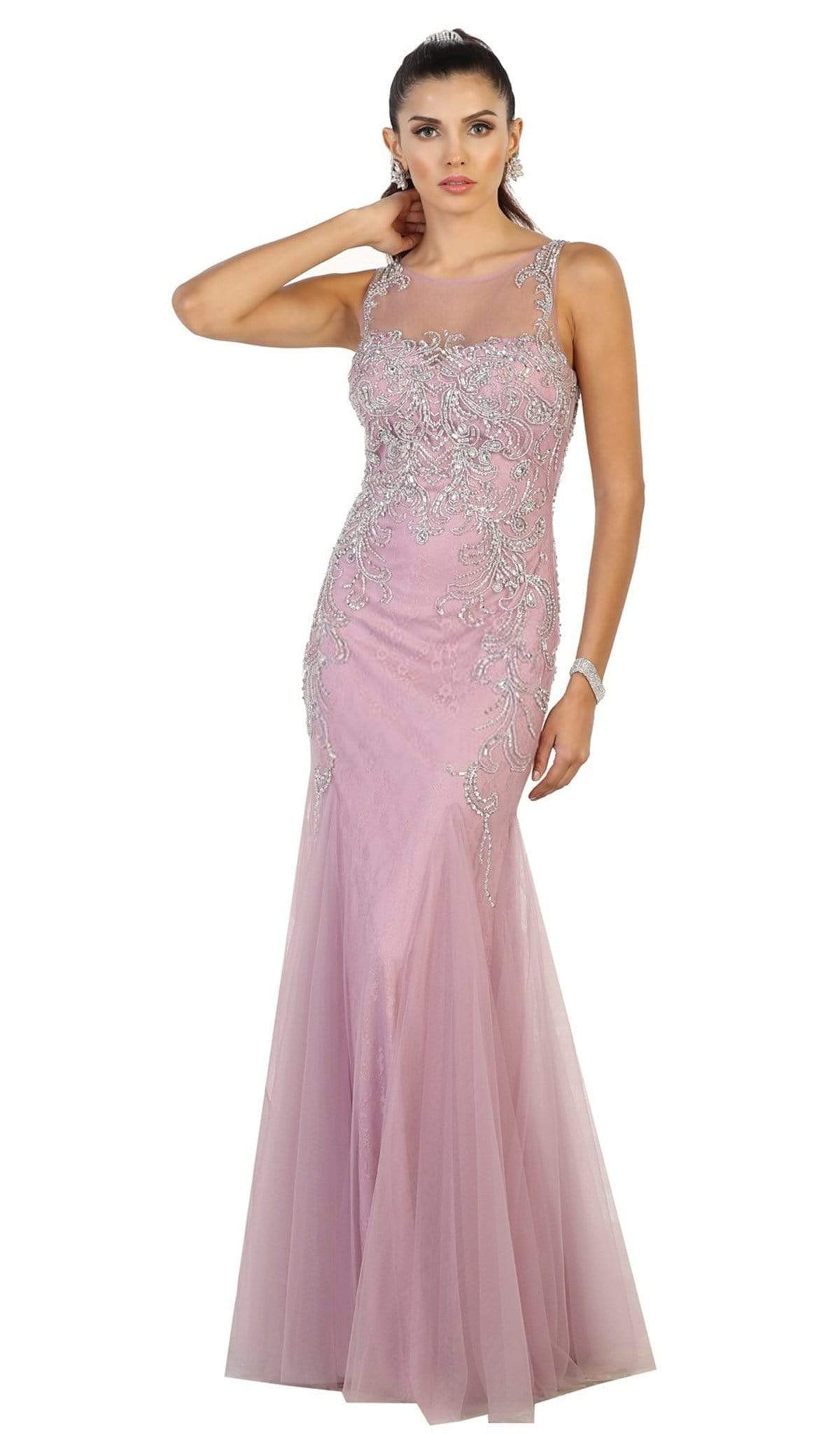 May Queen - Bedazzled Illusion Bateau Trumpet Prom Dress Special Occasion Dress 4 / Mauve