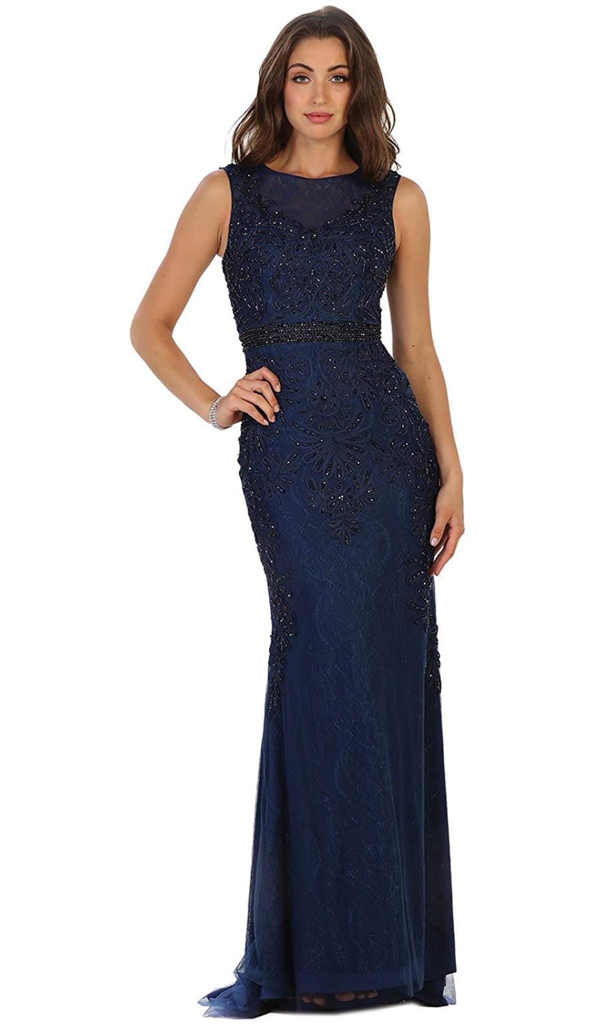 May Queen - Bedazzled Sheer Bateau Sheath Evening Dress Evening Dresses 6 / Navy