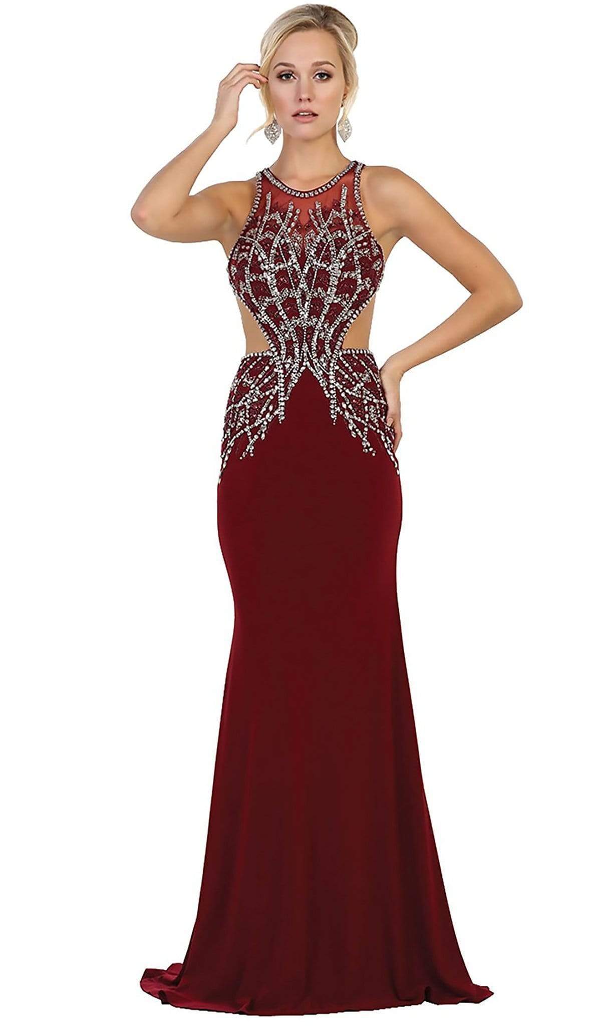 May Queen - Bejeweled Illusion Halter Sheath Evening Dress Special Occasion Dress 2 / Burgundy