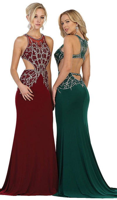 May Queen - Bejeweled Illusion Halter Sheath Evening Dress Special Occasion Dress 2 / Hunter-Green