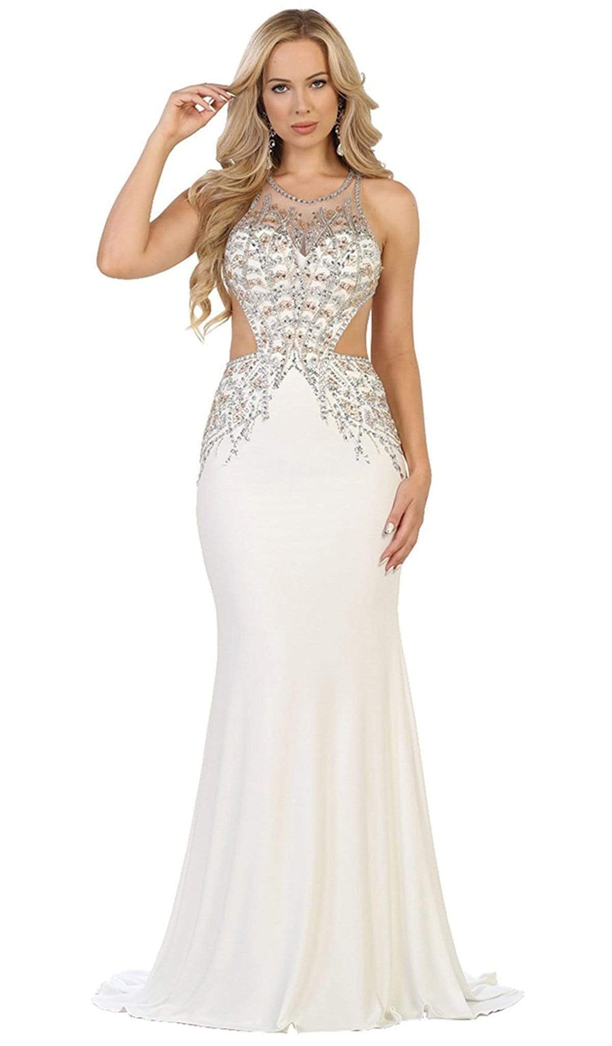 May Queen - Bejeweled Illusion Halter Sheath Evening Dress Special Occasion Dress 2 / Ivory