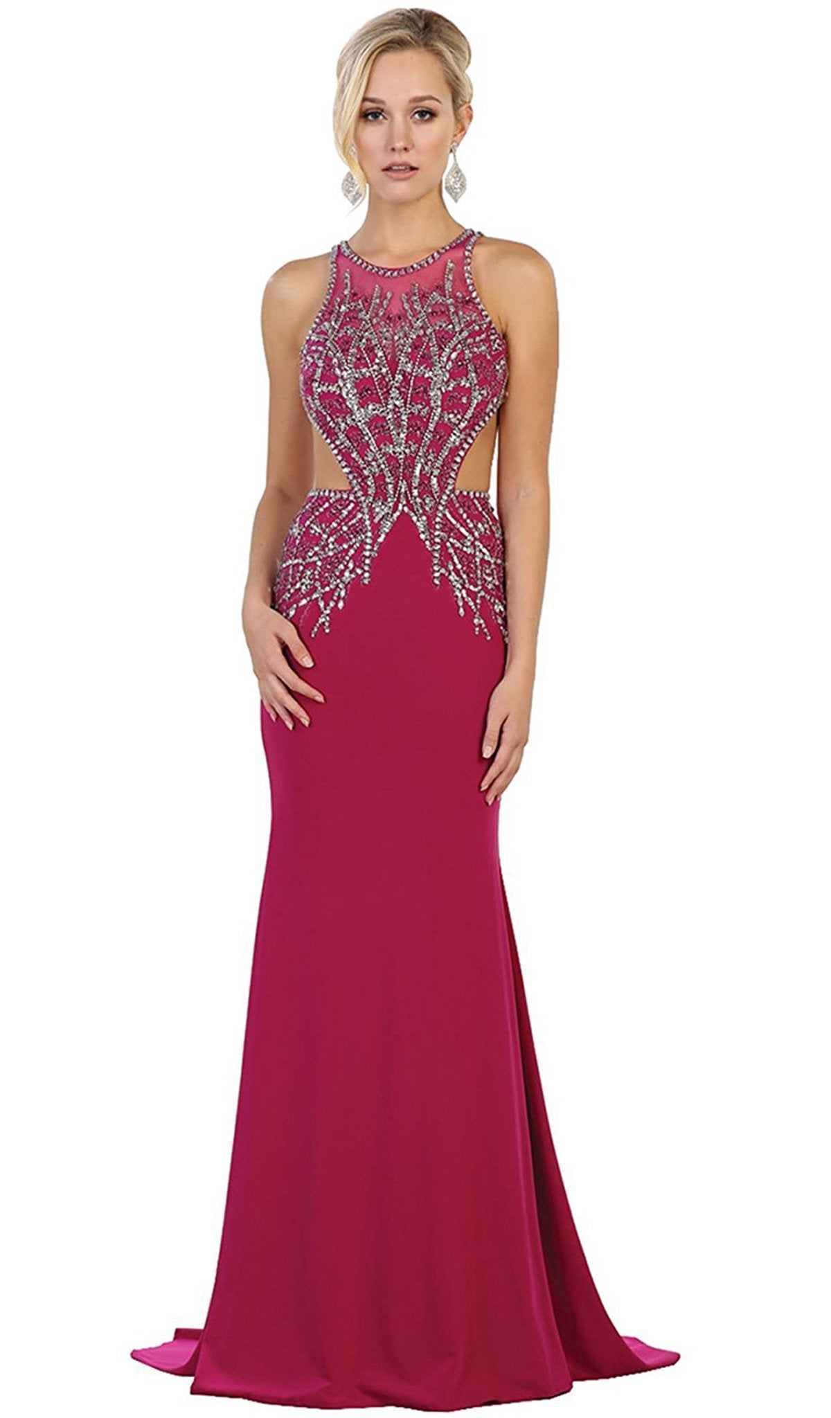 May Queen - Bejeweled Illusion Halter Sheath Evening Dress Special Occasion Dress 2 / Magenta