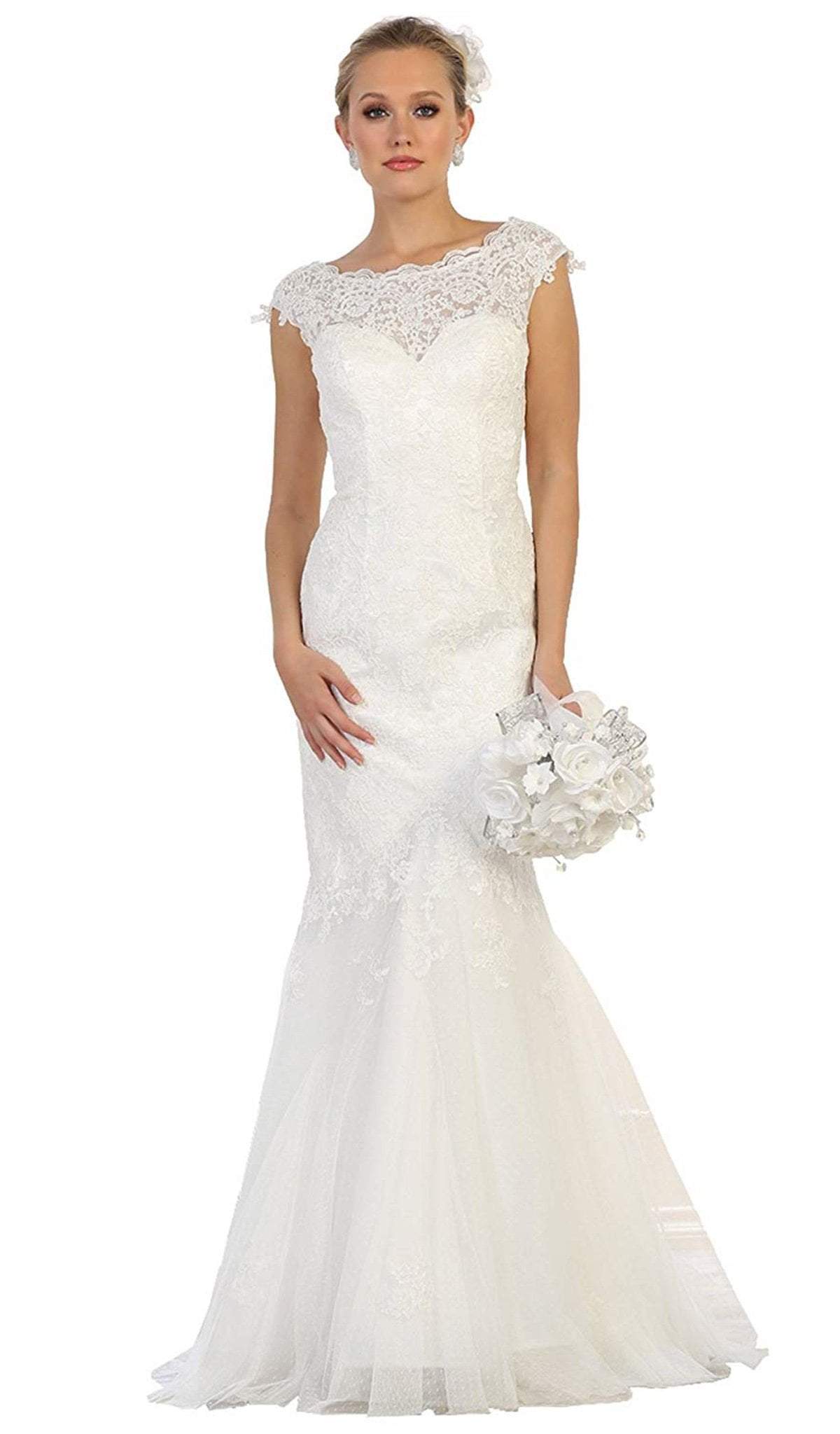 May Queen Bridal - MQ1564 Lace Bateau Mermaid Dress With Train Wedding Dresses 4 / Ivory