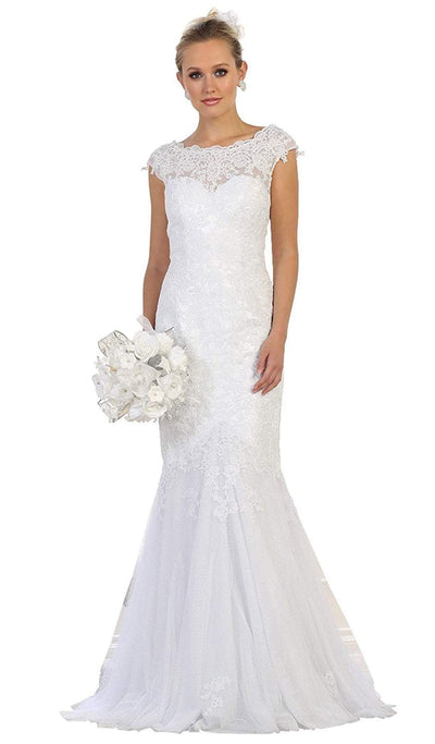 May Queen Bridal - MQ1564 Lace Bateau Mermaid Dress With Train Wedding Dresses 4 / White