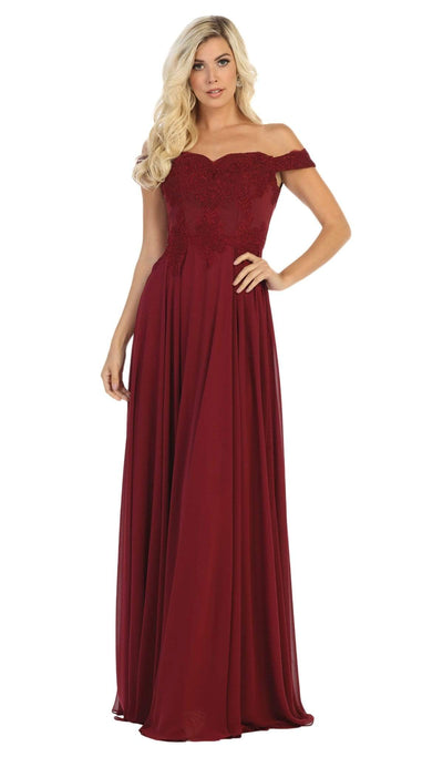 May Queen Bridal - MQ1644 Lace Ornate Off-Shoulder Chiffon A-Line Gown Special Occasion Dress 4 / Burgundy