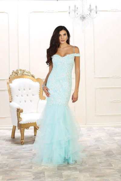 May Queen Bridal - RQ7502 Laced V-Neck Trumpet Dress Wedding Dresses 4 / Aqua