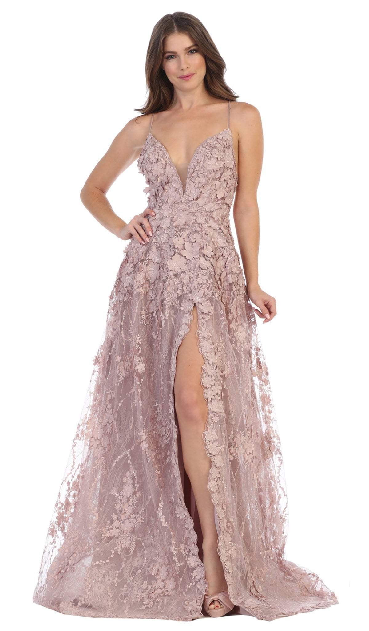 May Queen Bridal - RQ7738 Strappy Appliqued A-Line Dress with Slit Wedding Dresses 2 / Mauve