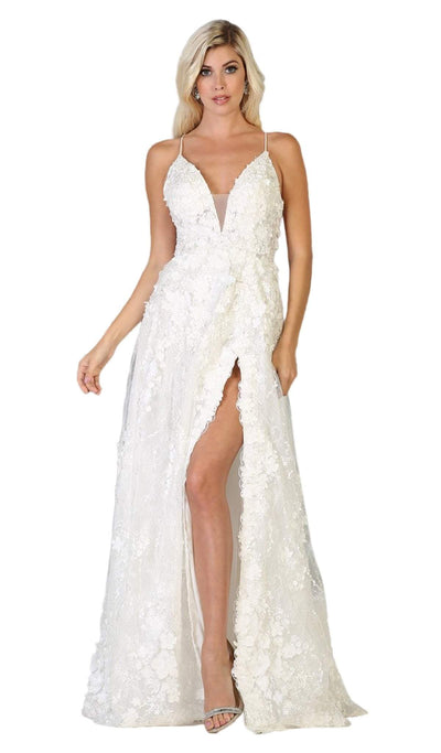 May Queen Bridal - RQ7738 Strappy Appliqued A-Line Dress with Slit Wedding Dresses 2 / White