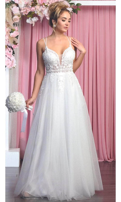 May Queen Bridal RQ7907 - Embellished V-Neck A-Line Dress Bridal Dresses 4 / Ivory