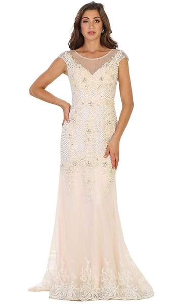 May Queen - Cap Sleeve Rhinestone Embellished Evening Gown RQ7521 - 1 pc Ivory in Size 18 Available CCSALE 18 / Ivory