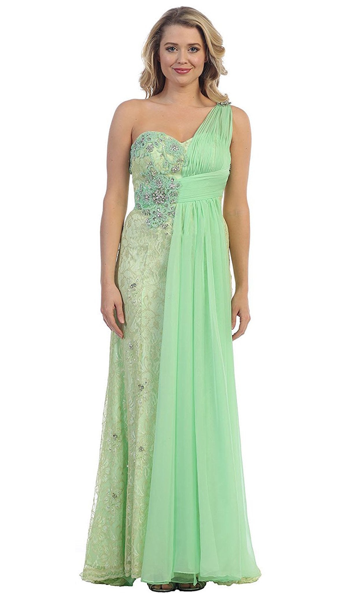 May Queen - Chiffon Sashed Floral Lace Evening Dress Special Occasion Dress 4 / Mint