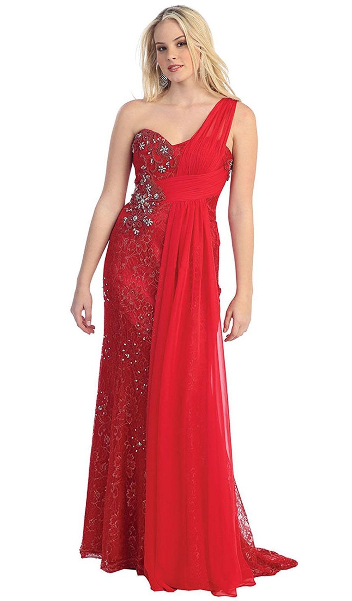 May Queen - Chiffon Sashed Floral Lace Evening Dress Special Occasion Dress 4 / Red