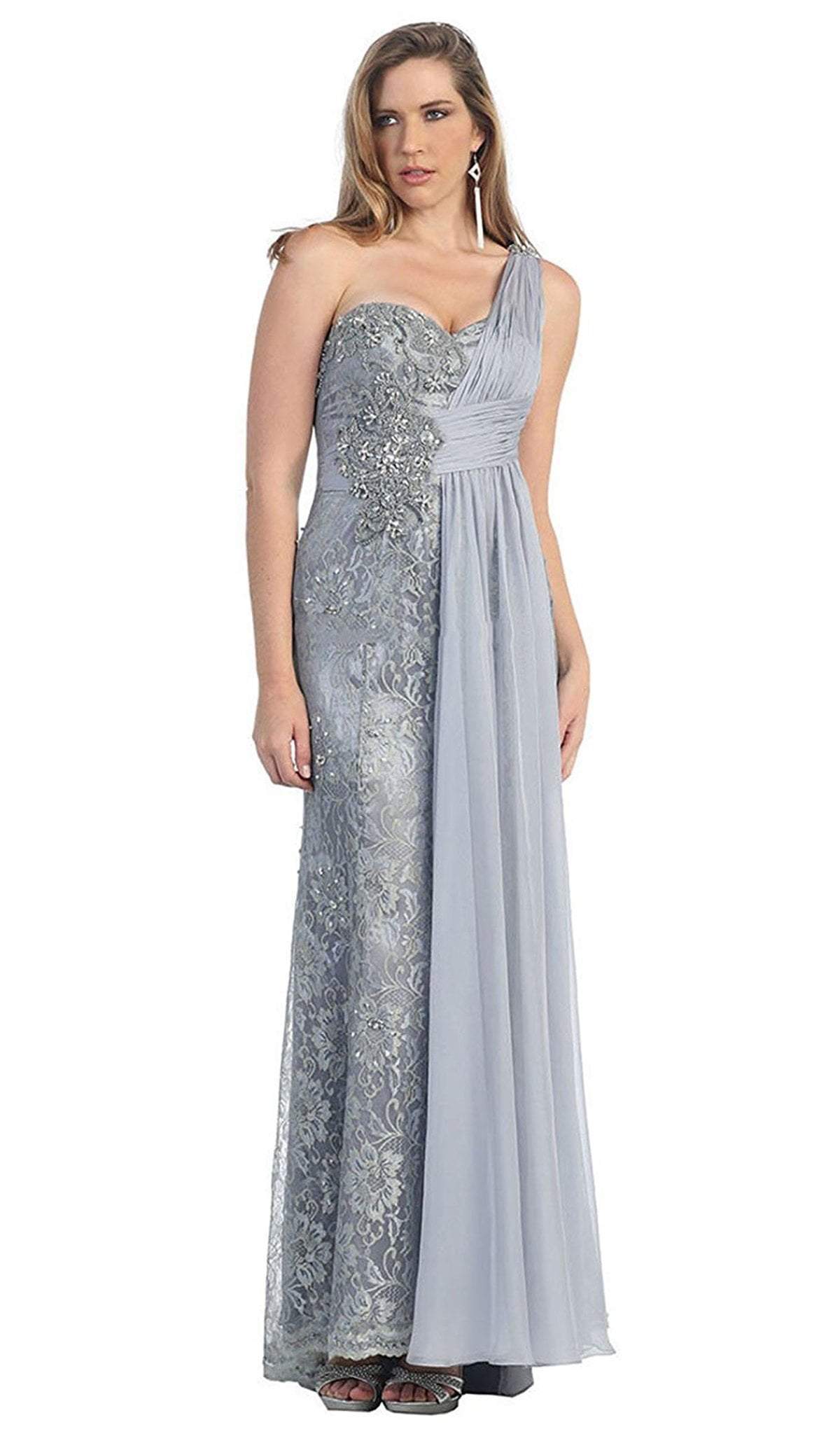 May Queen - Chiffon Sashed Floral Lace Evening Dress Special Occasion Dress 4 / Silver