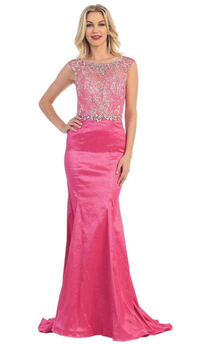 May Queen - Crystal Embellished Illusion Trumpet Evening Gown Special Occasion Dress 4 / Hot-Pink