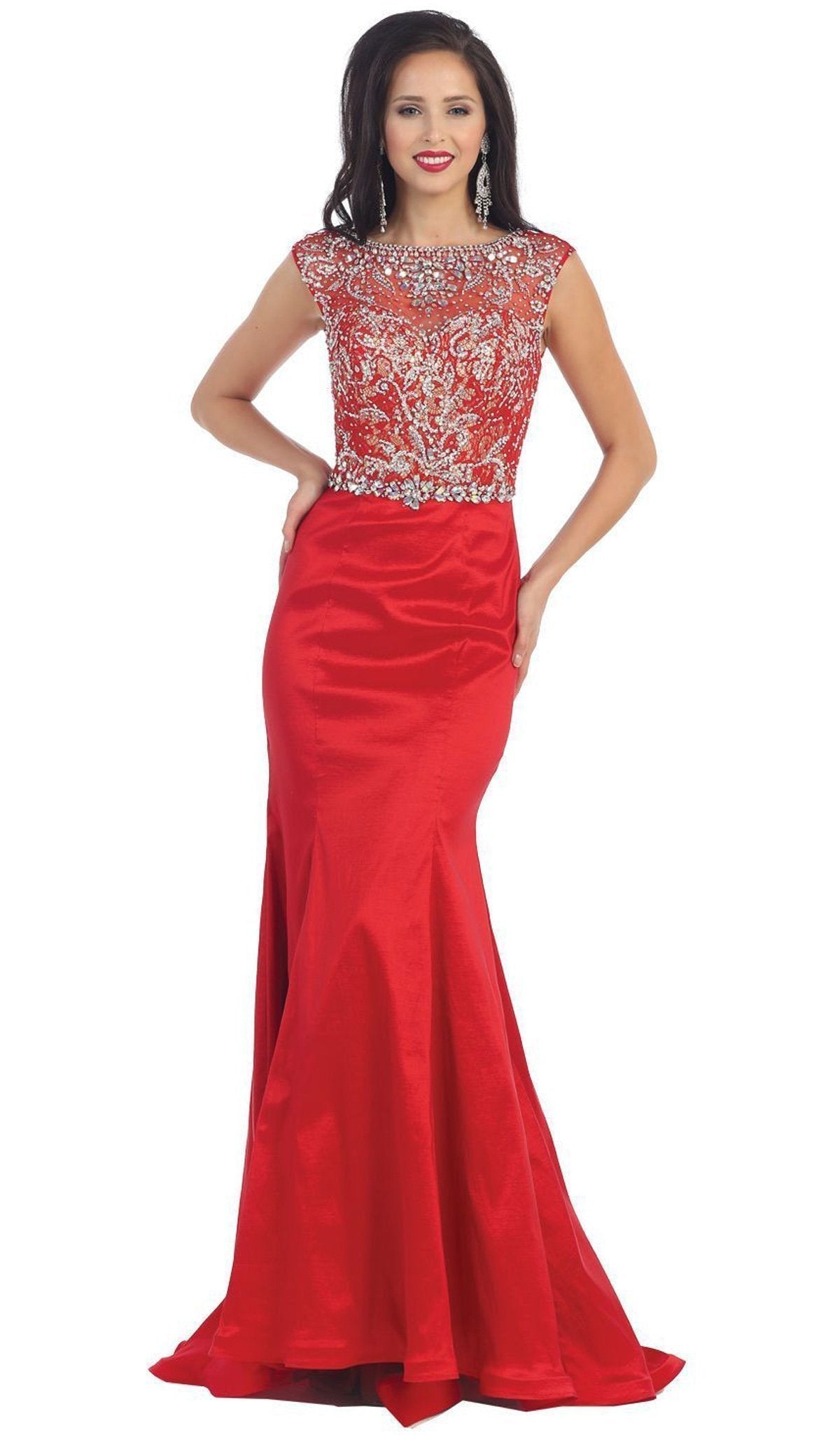 May Queen - Crystal Embellished Illusion Trumpet Evening Gown Special Occasion Dress 4 / Red