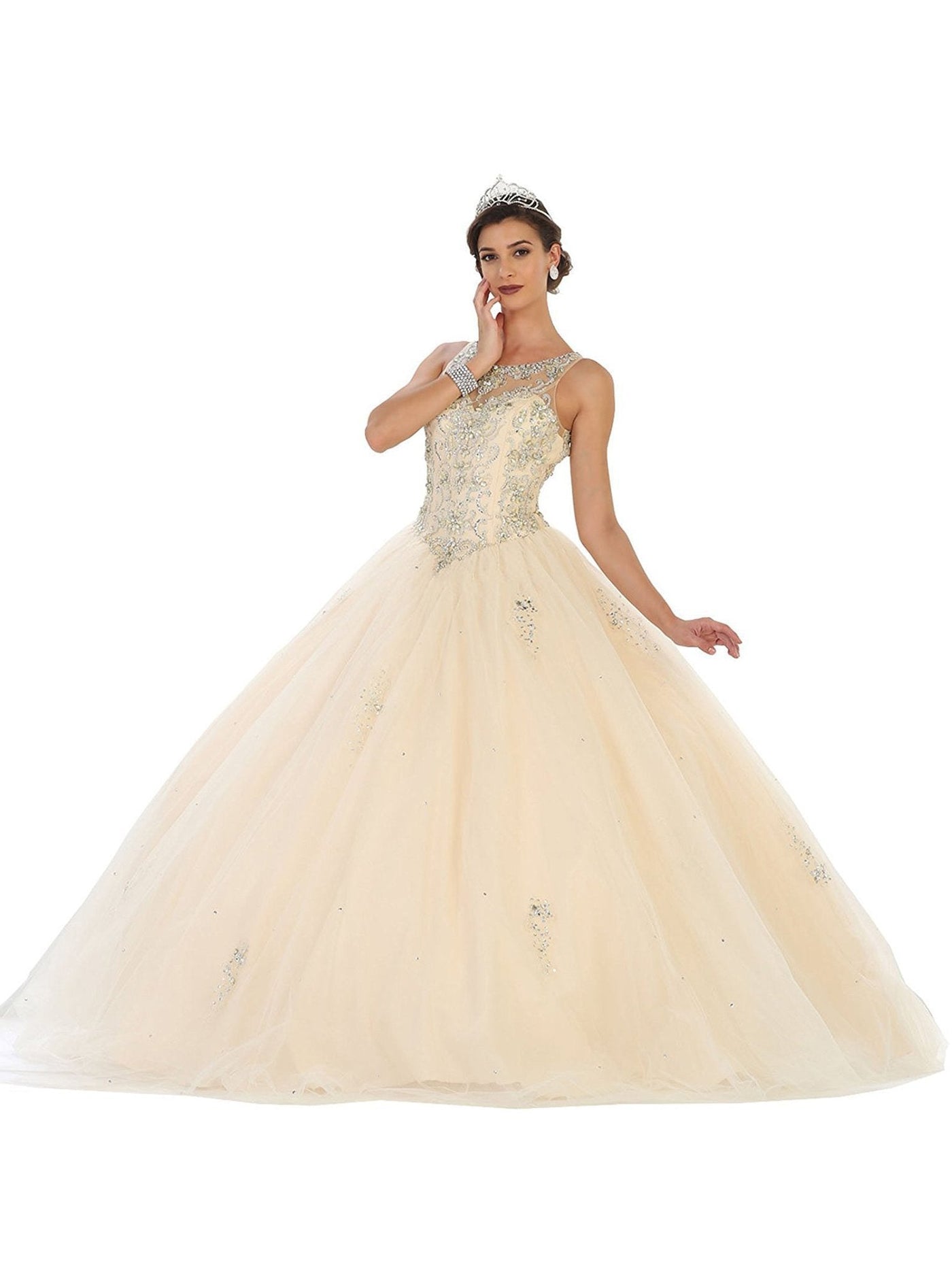May Queen - Crystal Embellished Jewel Quinceanera Ballgown Quinceanera Dresses 2 / Champagne