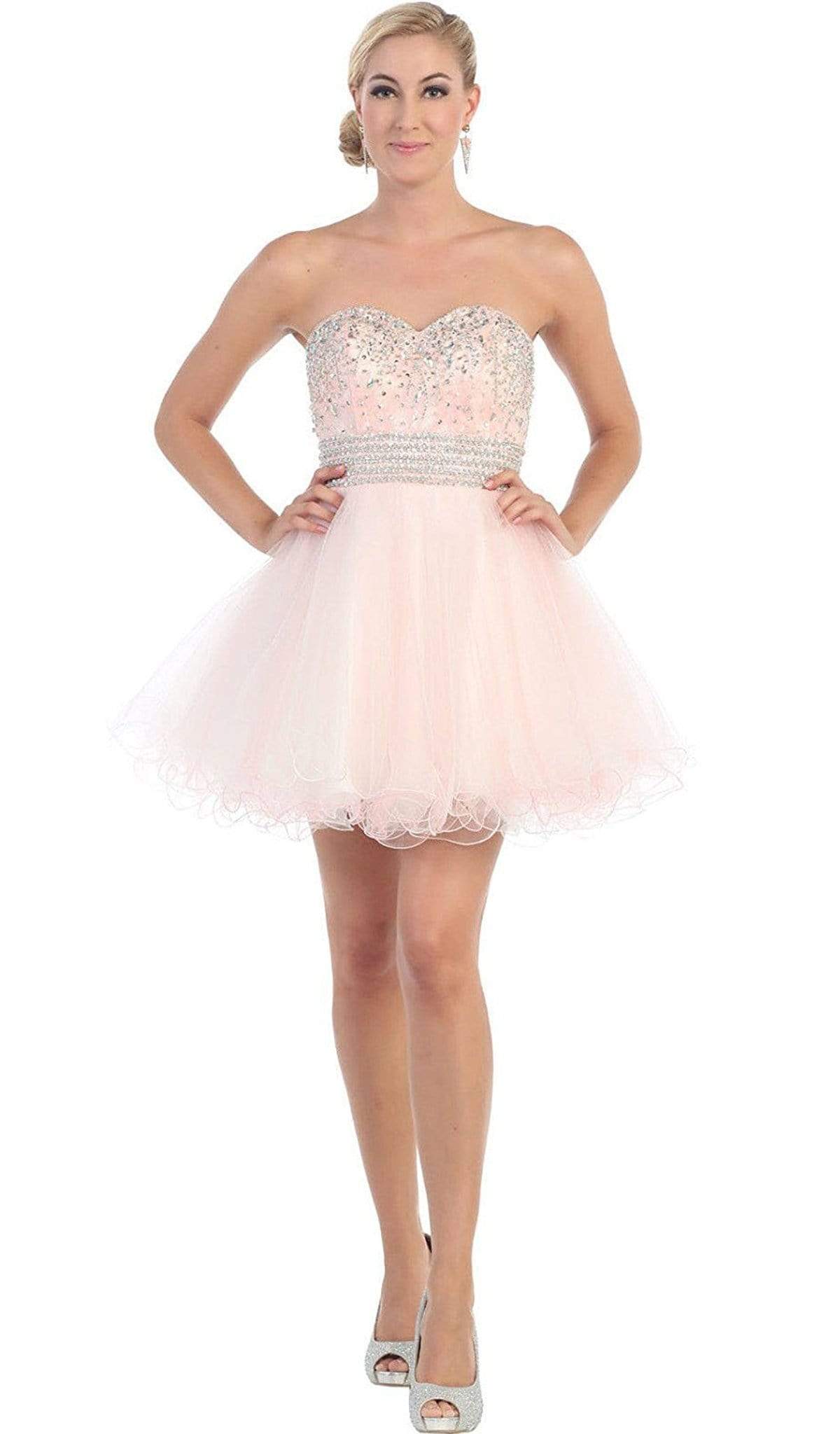 May Queen - Crystal Embellished Strapless A-Line Cocktail Dress Special Occasion Dress 4 / White/Blush