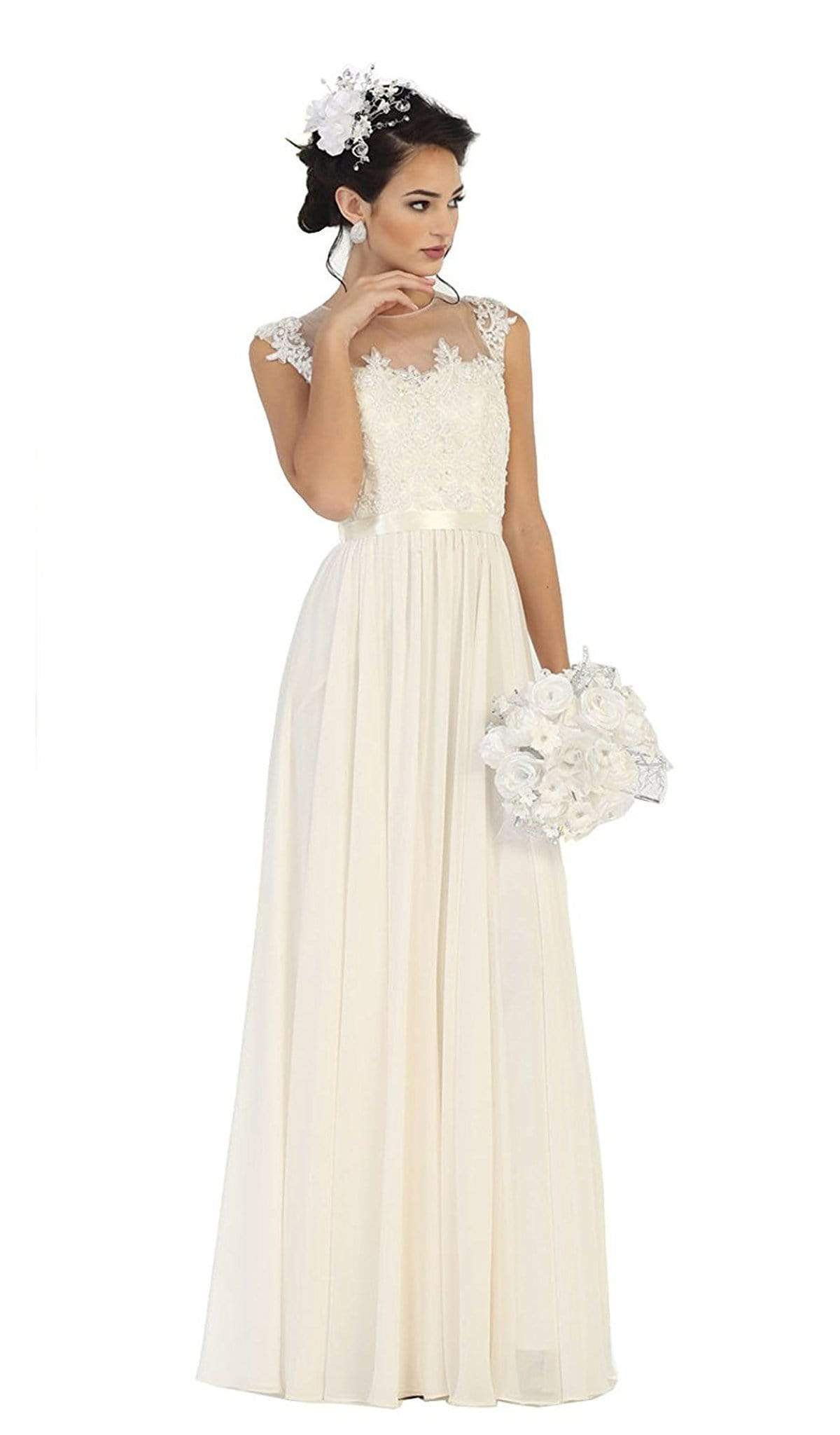 May Queen - Dainty Cap Sleeve Lace Applique Illusion Prom Gown Special Occasion Dress 22 / Ivory