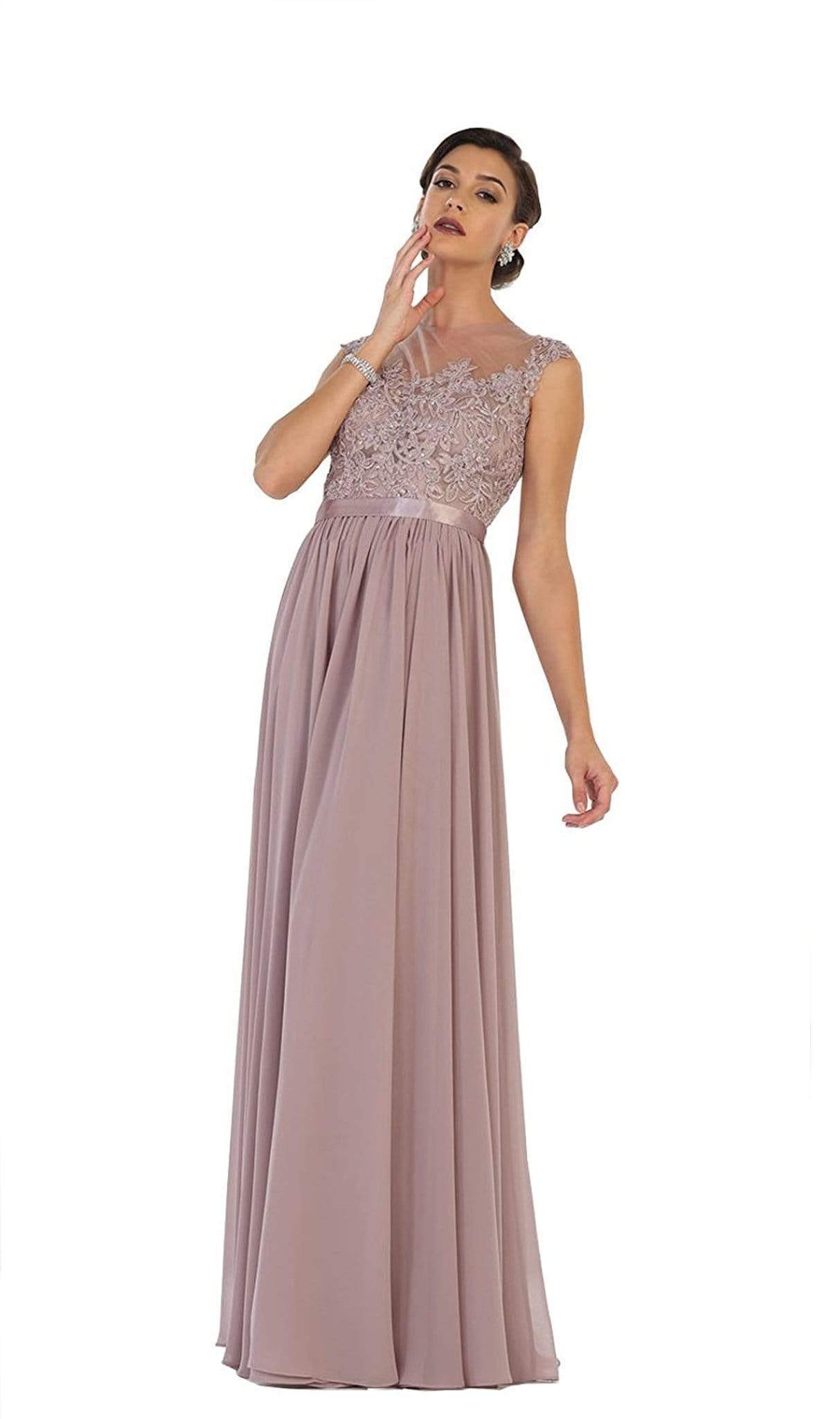 May Queen - Dainty Cap Sleeve Lace Applique Illusion Prom Gown Special Occasion Dress 22 / Mauve