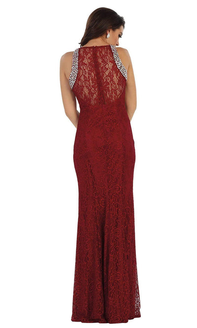 May Queen Rhinestone Embellished Lace Evening Dress MQ1475 - 1 pc Burgundy In Size 8 Available CCSALE 8 / Burgundy