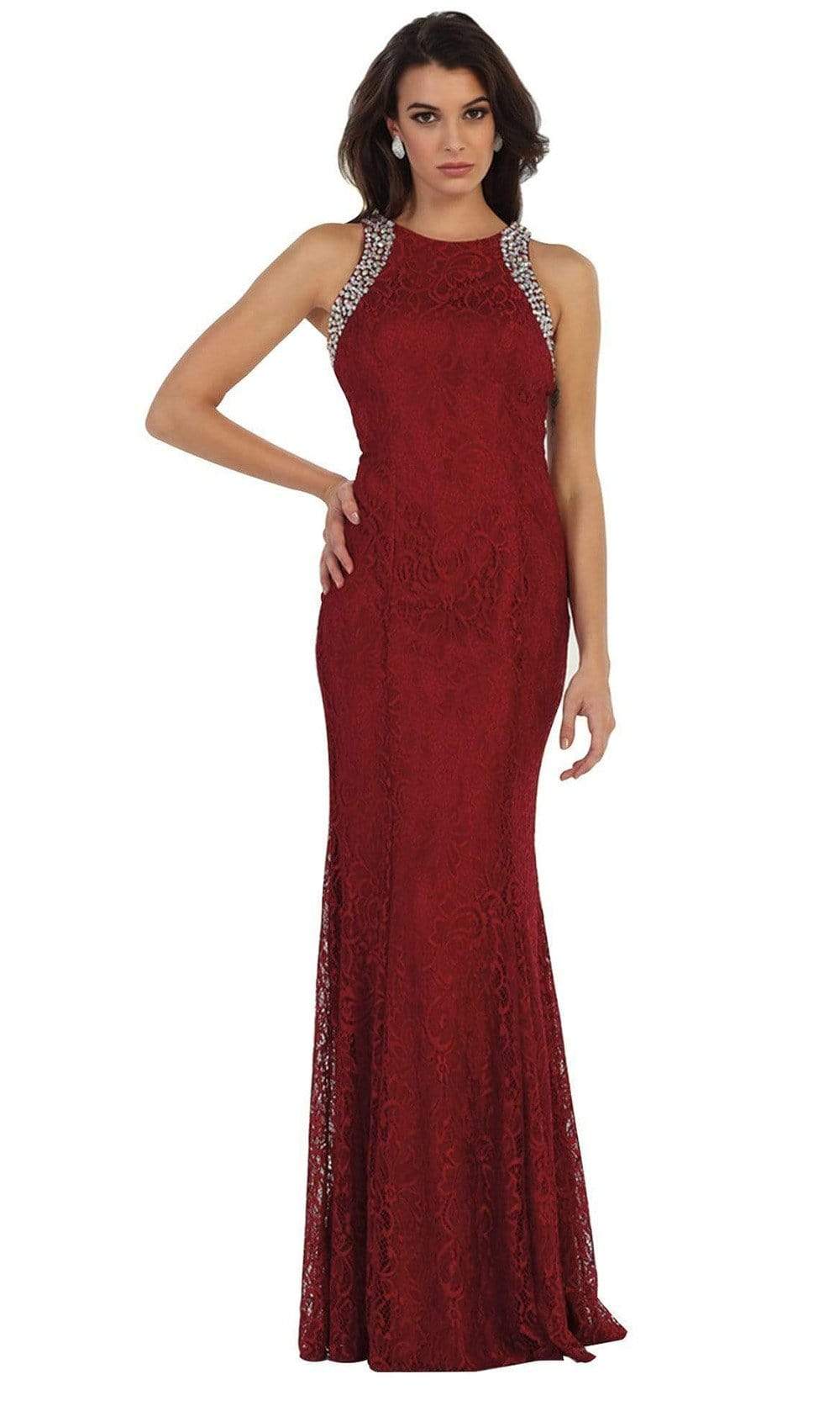 May Queen - Elegant Sleeveless Rhinestone Lace Prom Dress Special Occasion Dress 4 / Burgundy