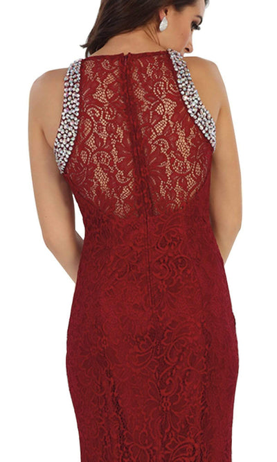 May Queen Rhinestone Embellished Lace Evening Dress MQ1475 - 1 pc Burgundy In Size 8 Available CCSALE 8 / Burgundy