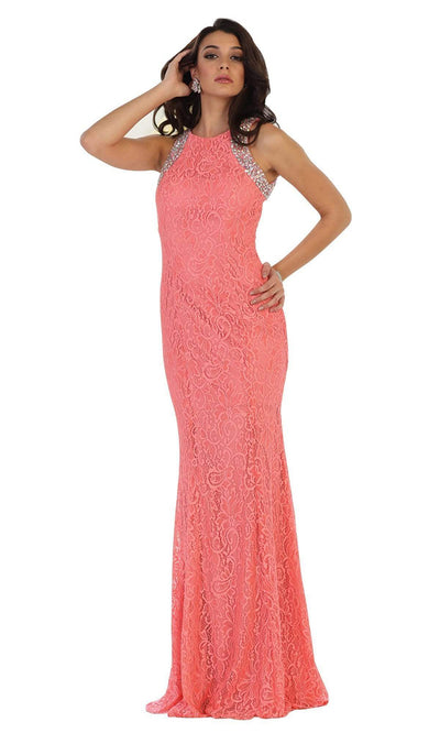 May Queen Rhinestone Embellished Lace Evening Dress MQ1475 - 1 pc Burgundy In Size 8 Available CCSALE 8  In Coral
