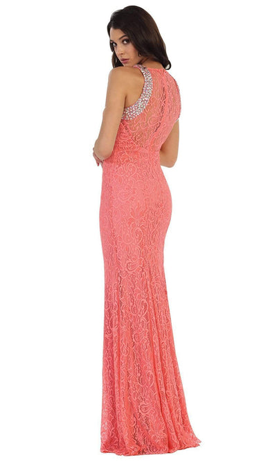 May Queen Rhinestone Embellished Lace Evening Dress MQ1475 - 1 pc Burgundy In Size 8 Available CCSALE 8 / Coral