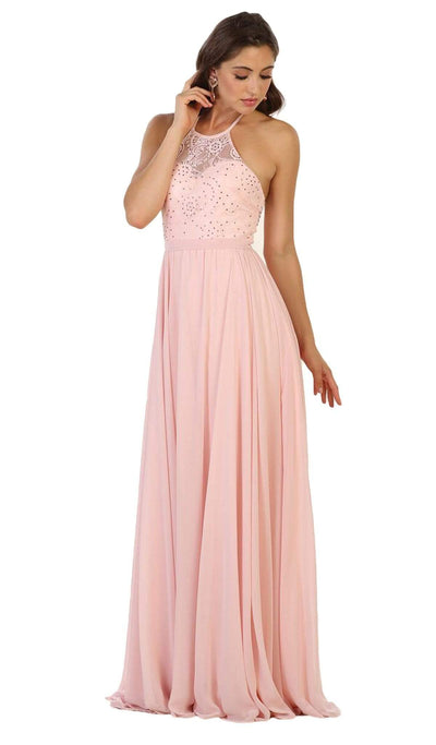 May Queen - Embellished Illusion Halter A-line Evening Dress Bridesmaid Dresses 4 / Blush