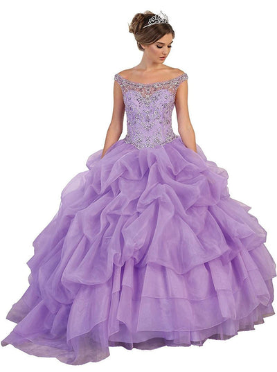 May Queen - Embellished Illusion Off-Shoulder Ruffled Quinceanera Ballgown Special Occasion Dress 4 / Lilac