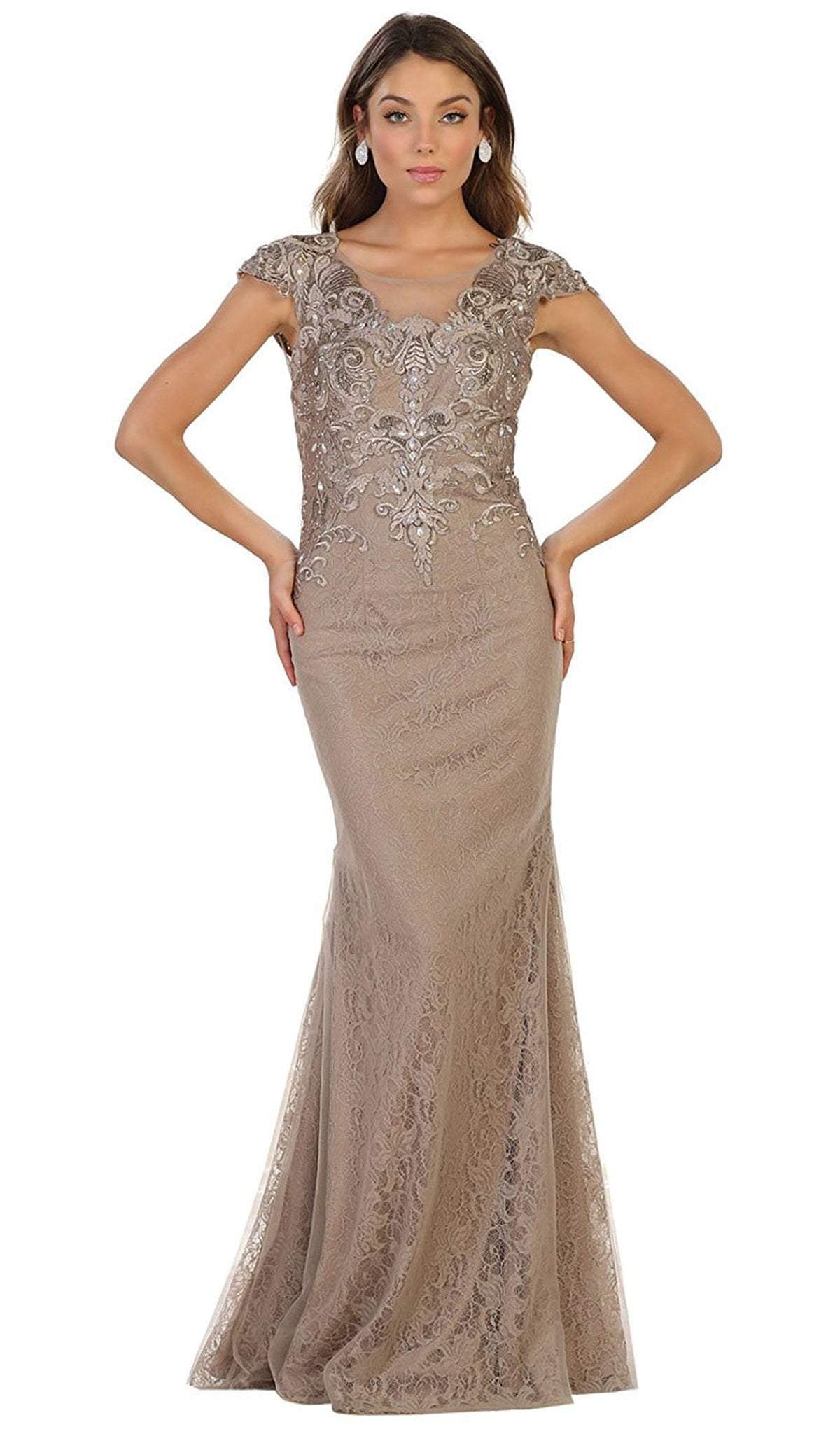 May Queen - Embellished Illusion Scoop Sheath Prom Dress Mother of the Bride 4 / Mocha