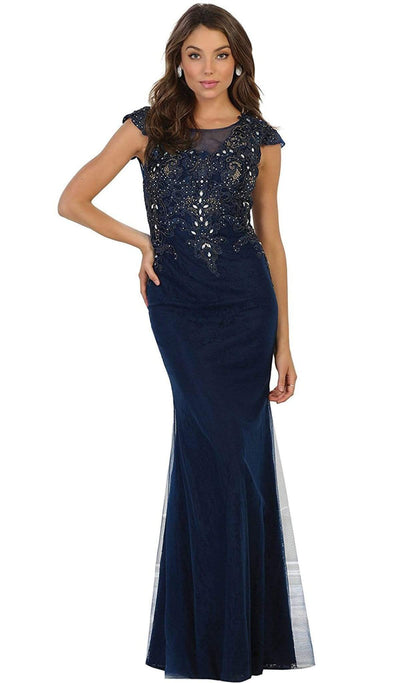 May Queen - Embellished Illusion Scoop Sheath Prom Dress Mother of the Bride 4 / Navy