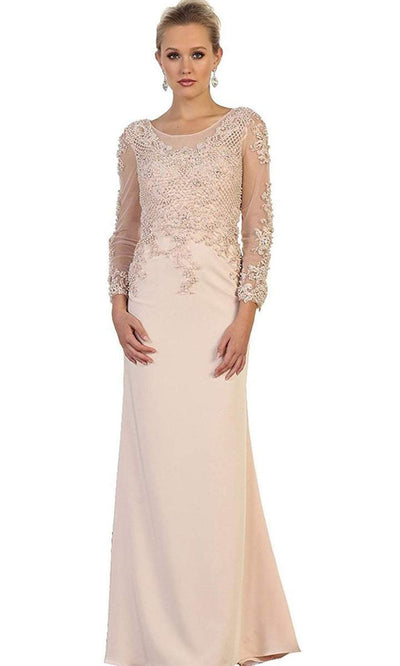May Queen - Embellished Long Sleeve Illusion Scoop Sheath Mother of the Bride Gown RQ7594 - 1 pc Sage In Size M Available CCSALE L / Blush