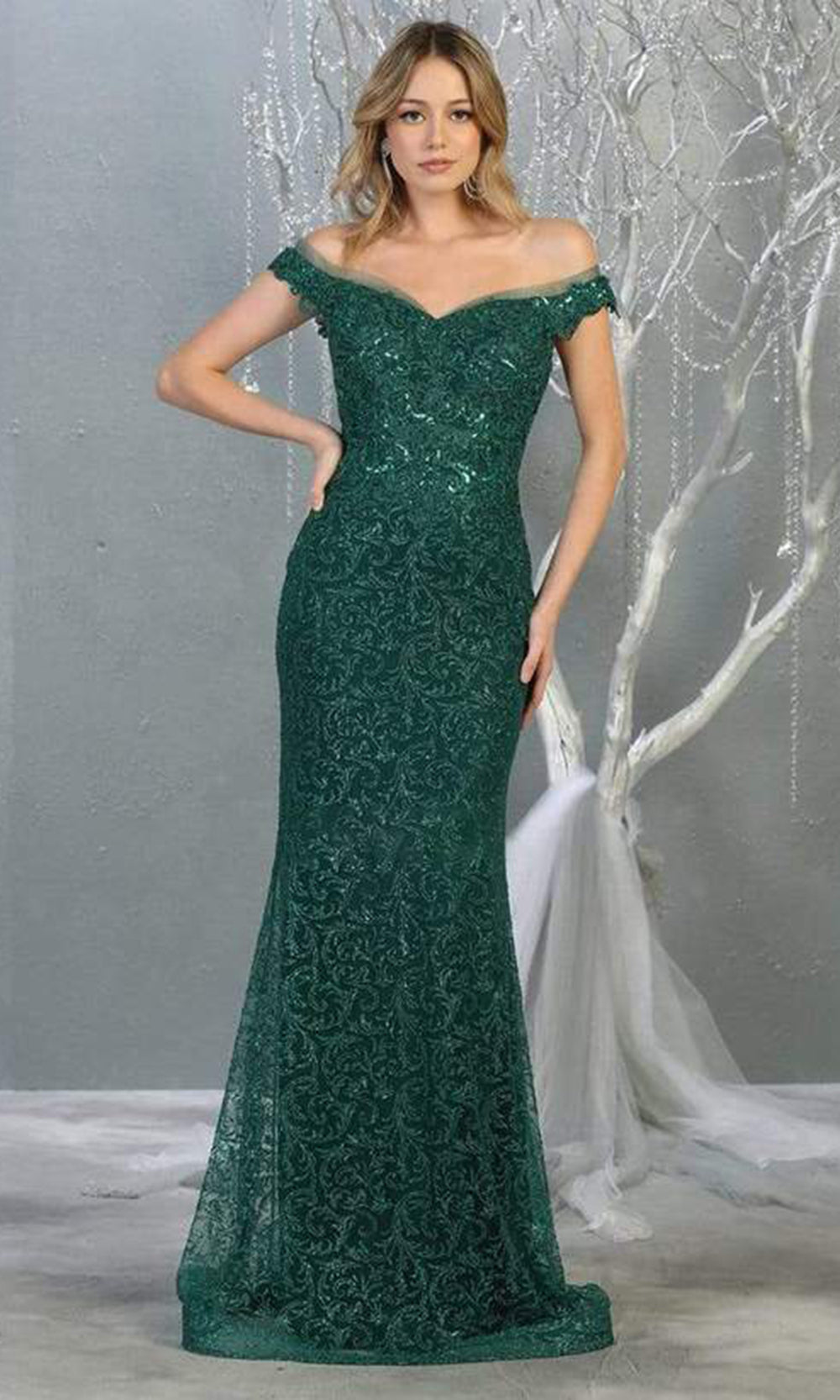 May Queen - RQ7879SC Off Shoulder Striking Embellished Sheath Gown In Green