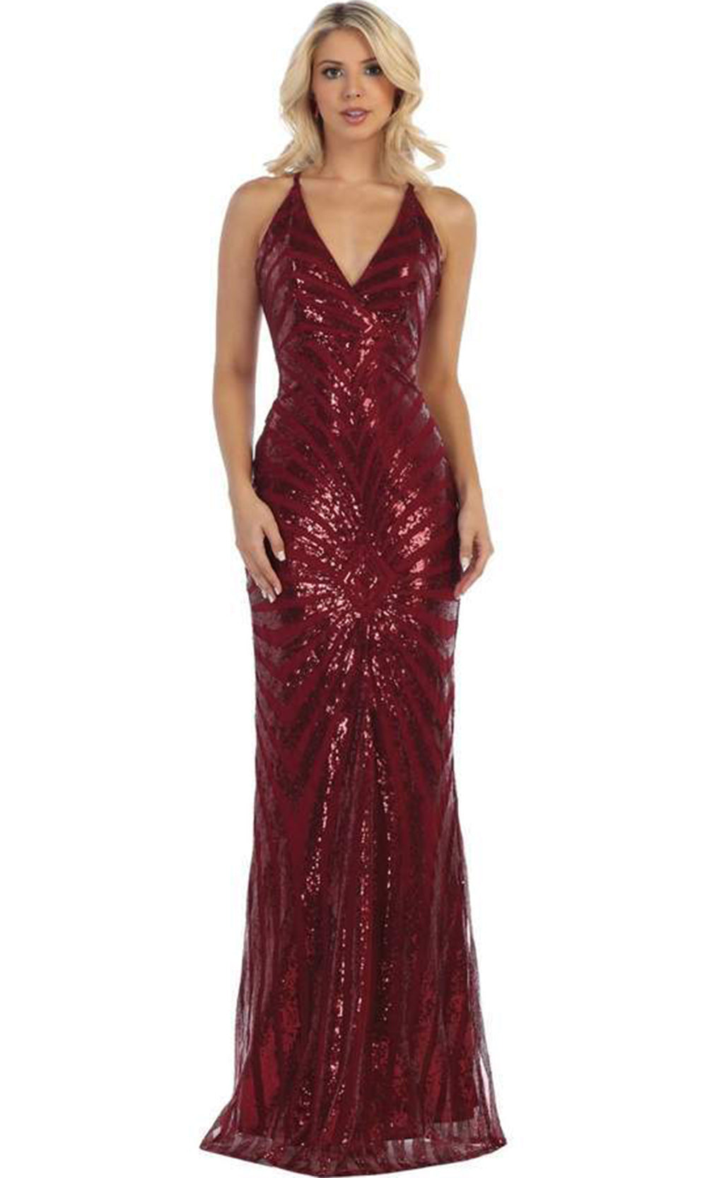 May Queen -  RQ7695SC V Neck Shinny Detailed Hot Dress In Red