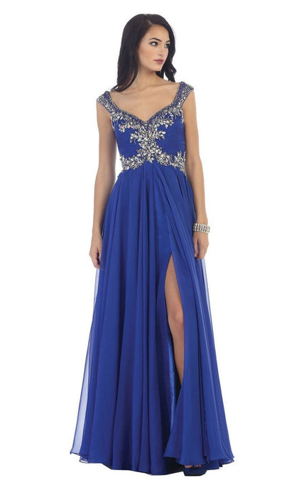 May Queen - Embellished V-neck A-line Prom Dress Special Occasion Dress 4 / Blue